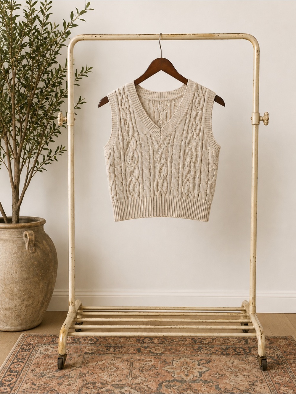 Cable Knit V-Neck Sweater Vest in Cream